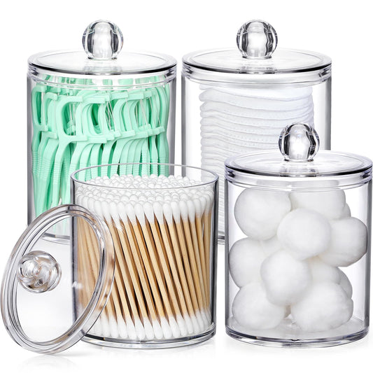 4 Pack Acrylic Qtip Holder Dispenser for Cotton Swabs, Balls, Pads, Floss Picks- Small Clear Plastic Canister Apothecary Jar Set, Bathroom Essentials Accessories Decor, Vanity Makeup Storage Organizer