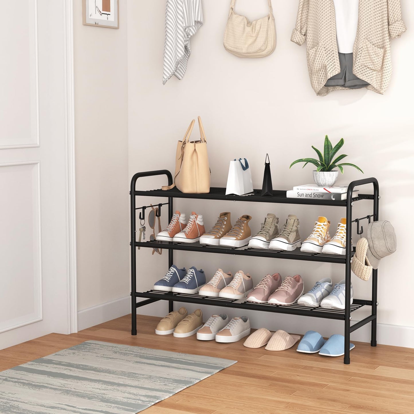 VILICK 3 Tier Shoe Rack 33" Wide Metal Shoe Organizer Long Shoe Storage with 4 Side Hooks Sturdy Shoes Shelf for Front Door Entrance, Closet, Garage, Dorm, Black