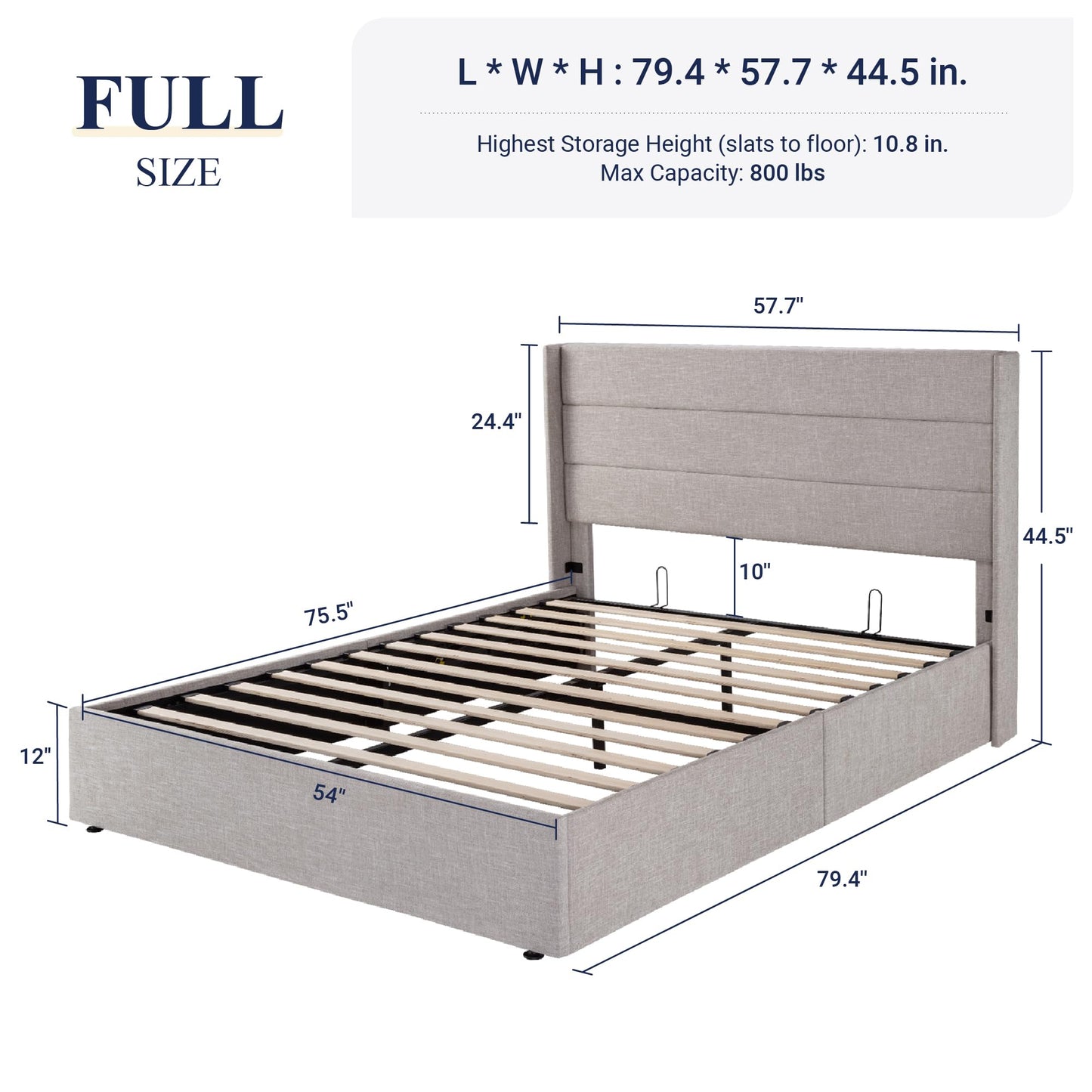 Allewie Full Size Lift Up Storage Bed, Modern Wingback Headboard, No Box Spring Needed, Hydraulic Storage, Light Beige