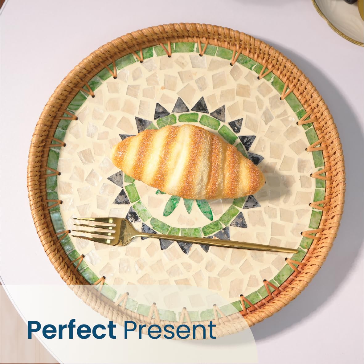 AN68 11.8 inches Round Rattan Serving Tray with Mother of Pearl Inlay, Home Decorative Wicker Basket for Table Decor, Kitchen, Bathroom and Display of Coffee, Bread, Food & Fruit (Sun)