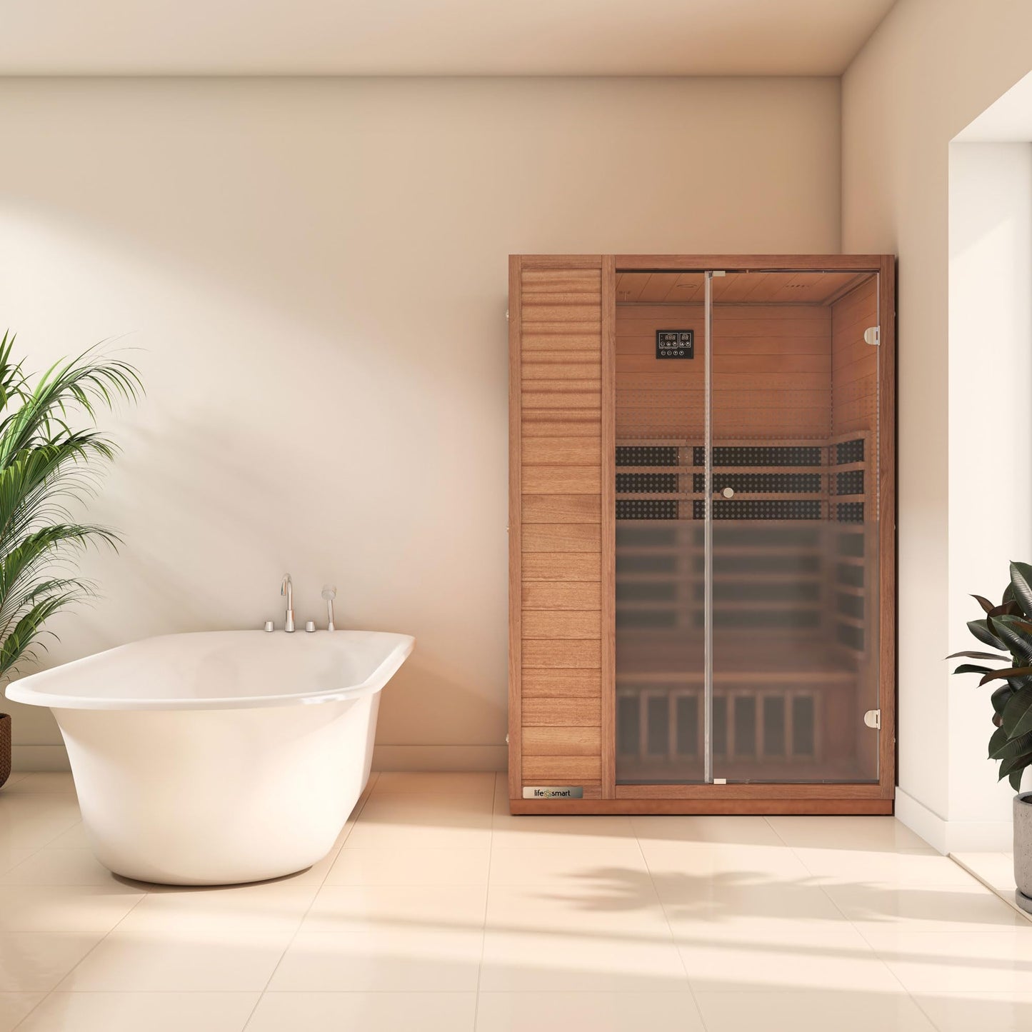 LIFE SMART Sahara 2 Person Infrared Home Sauna with 5 Heaters, Adjustable Temperature and Roof Vent, and Bluetooth, LSS-2, Natural Okoume Hemlock Wood