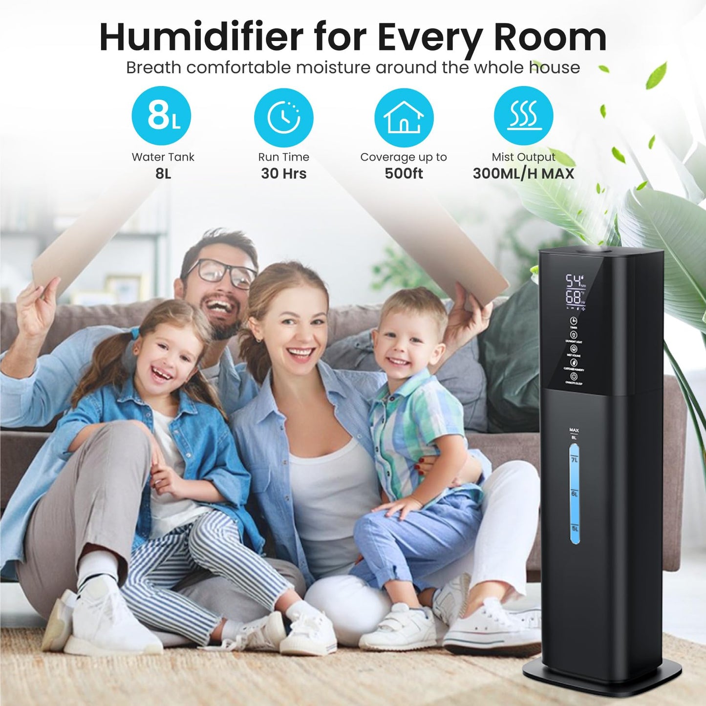 Humidifiers Large Room Bedroom with 7 Colors Light, 2.1Gal(8L) 3 Speed Quiet Ultrasonic Cool Mist Humidifier with 360° Nozzle, Humidity Setting, Timer,Aroma Box for Home Plant Baby Yoga Sleep (Black)