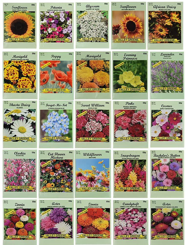 25 Slightly Assorted Flower Seed Packets - Includes 10+ Varieties - May Include: Forget Me Nots, Pinks, Marigolds, Zinnia, Wildflower, Poppy, Snapdragon and More - Made in the USA