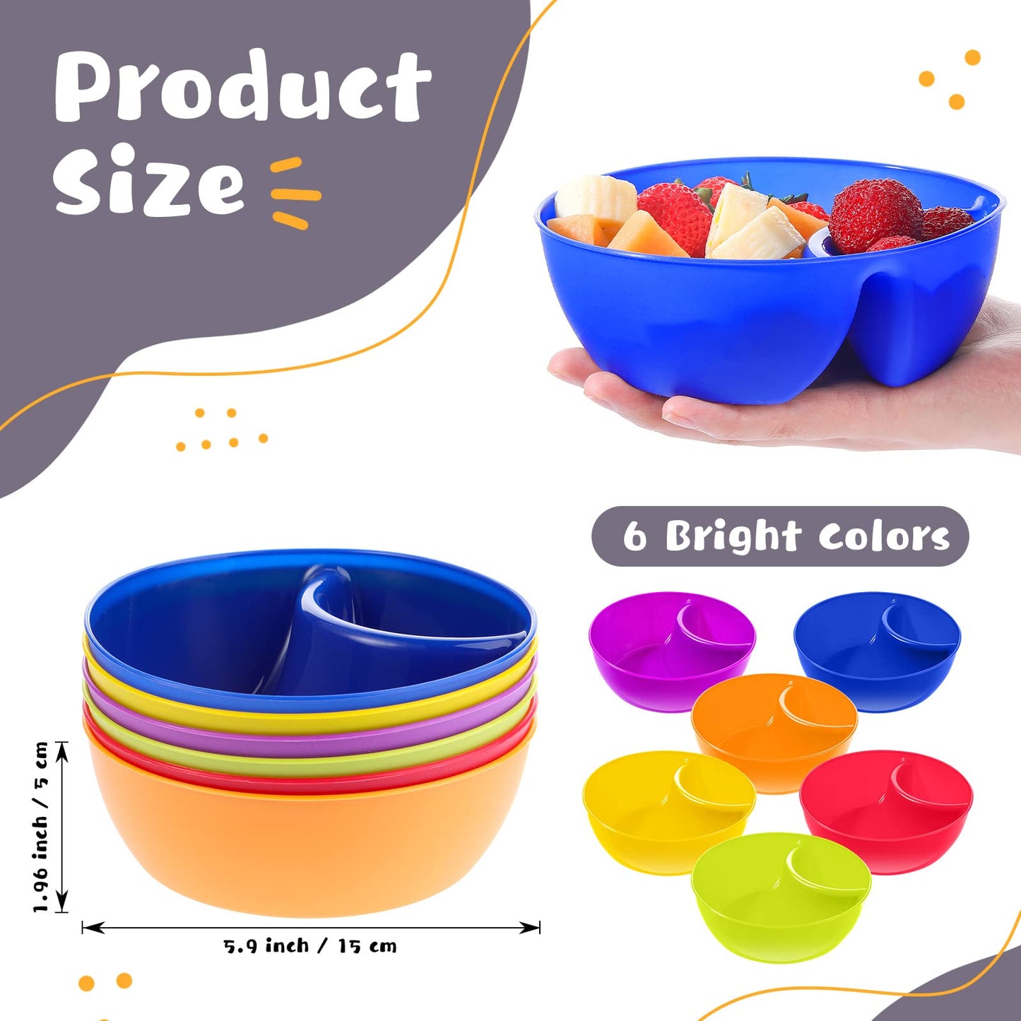 Weewooday Snack and Dip Bowls, Chips Serving Bowls Anti Soggy Divided Bowl plastic Stackable Dish Microwave and Dishwasher Safe Container for Chips, Dips Snacks Salsa Salad Nuts, 6 Colors (6 Pcs)