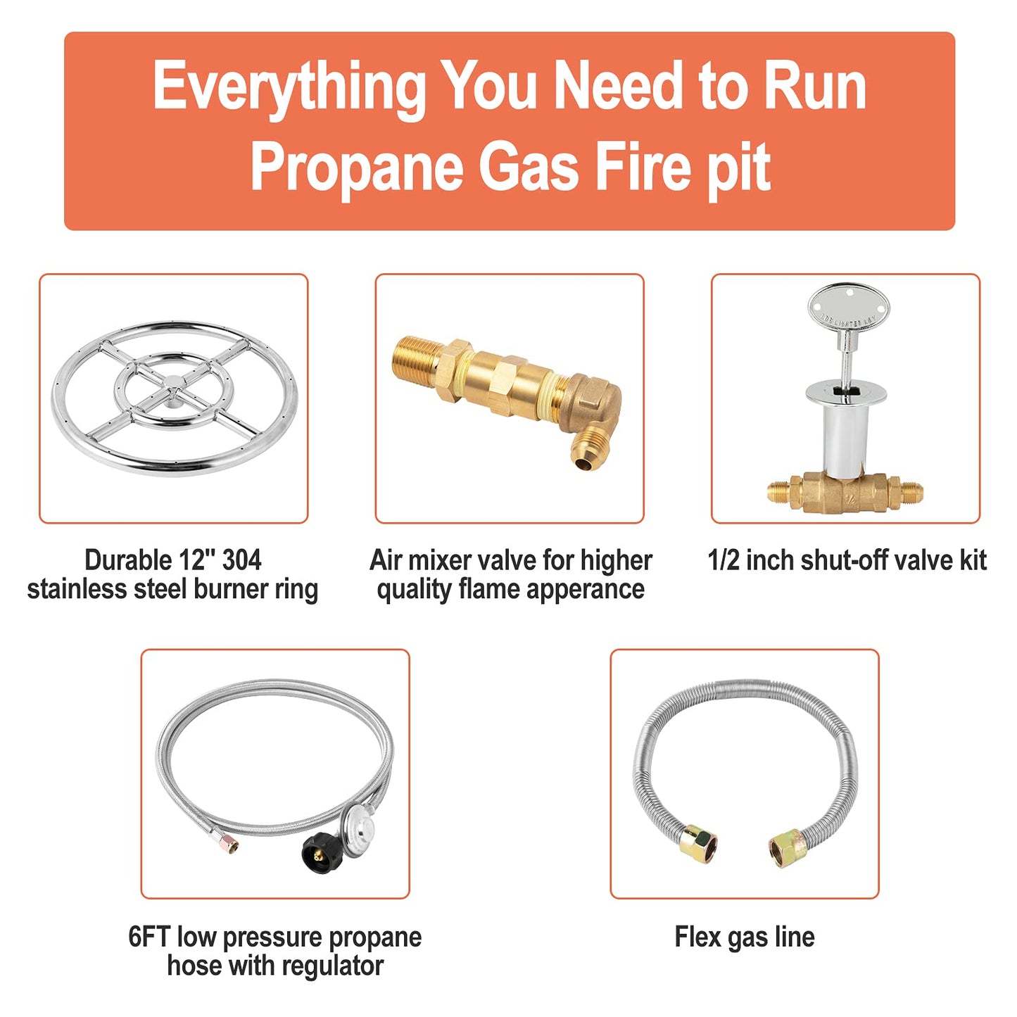 GASPRO Propane Gas Fire Pit Kit, with 12 Inch Fire Pit Burner Ring, for DIY & Upgrade Propane Fire Pit, Fireplace, Heavy Duty 304 Stainless Steel, Indoor & Outdoor Use