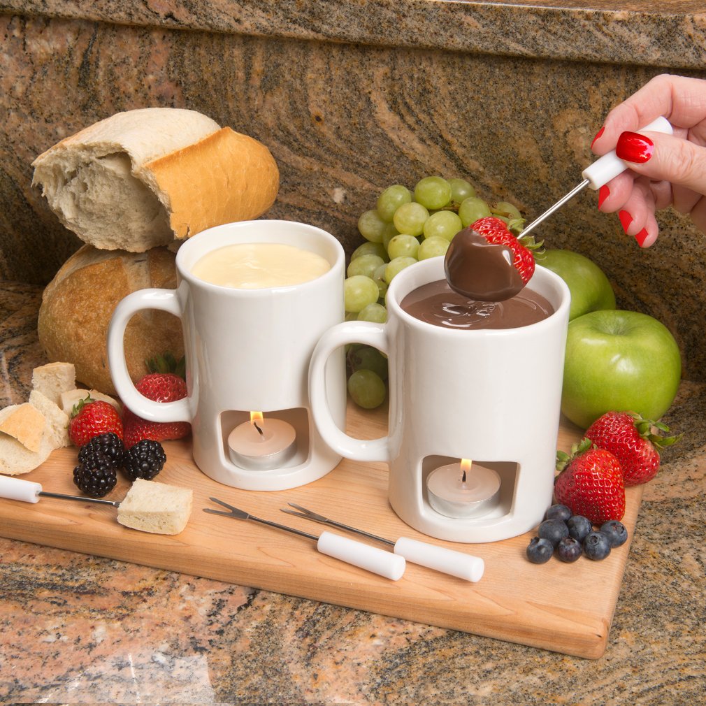 Evelots Fondue Pot Set for Chocolate, Cheese, Candy (2 Pack) Mini Ceramic Fondue Mugs Gift Set with 4 Forks & 8 Candles - Great for Date Night Birthday & Wedding Gifts