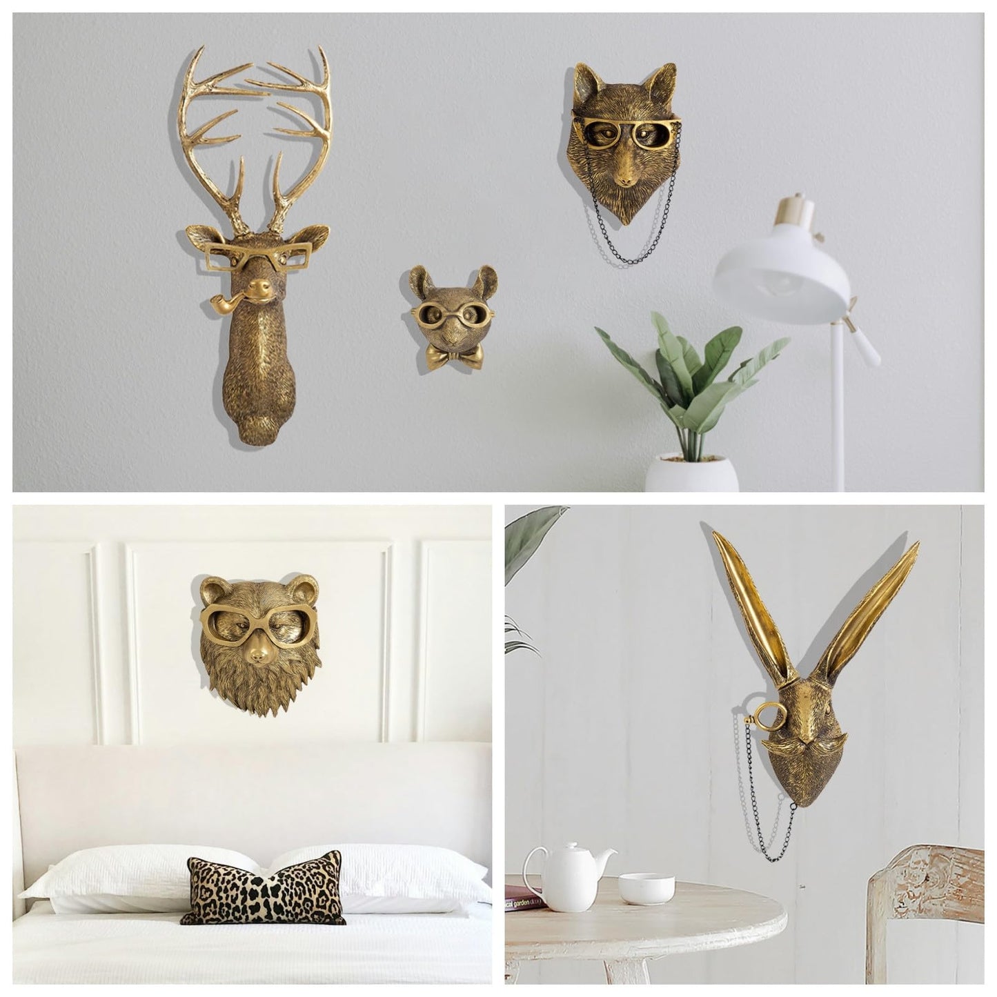 GUASDIE Animal Heads Wall Decor, Faux Deer Head Mount, Animal Sculptures Wall Decor, Resin Animal Head Wall Hanging Decoration for Living Room Bedroom Kitchen Gift,5pcs