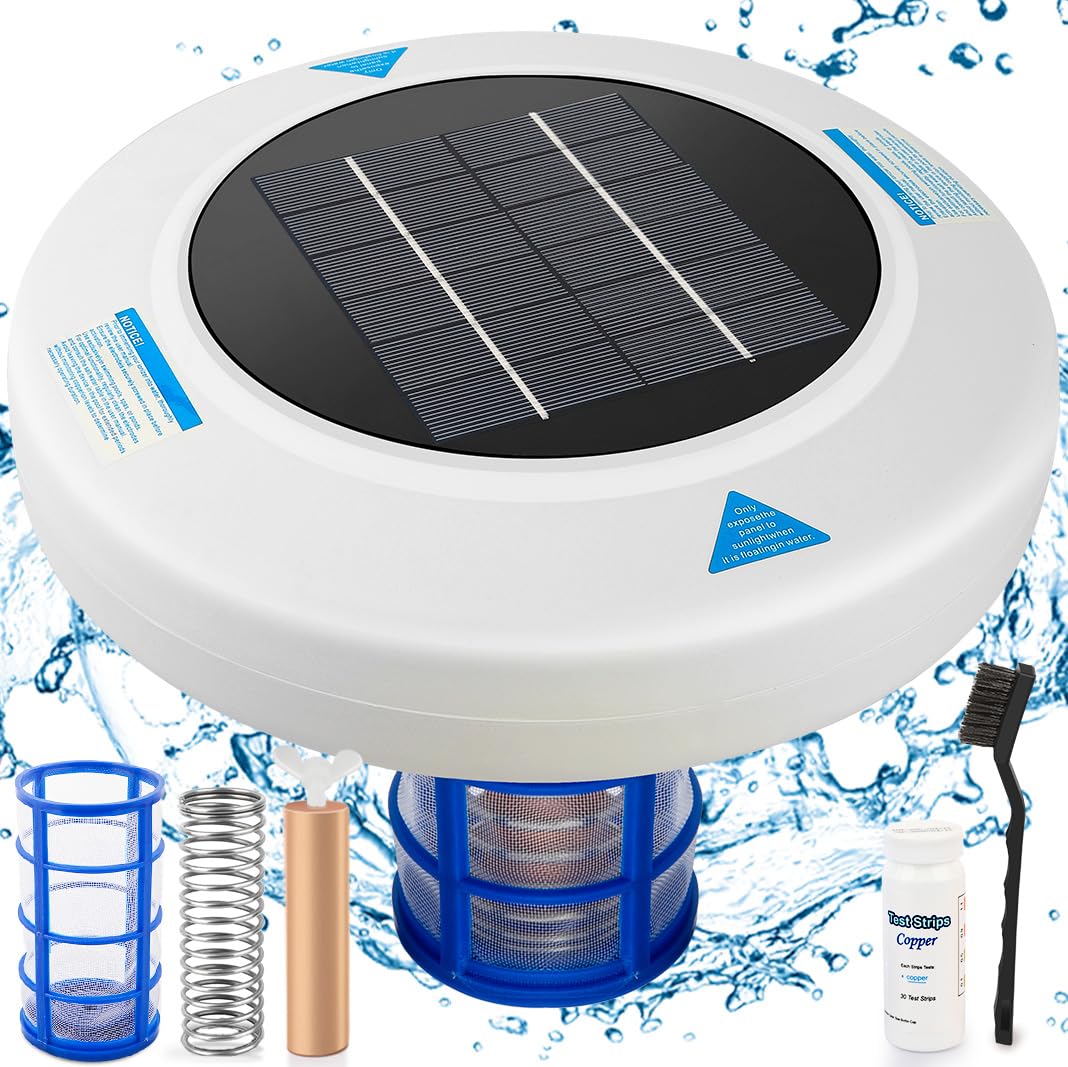 Solar-Powered Pool Ionizer, Automatic Floating Pool Cleaner Water Purifier with Thicker Copper Anode for Swimming Pool Up to 45,000 Gal, 85% Less Chlorine, Crystal-Clear Water Guaranteed!