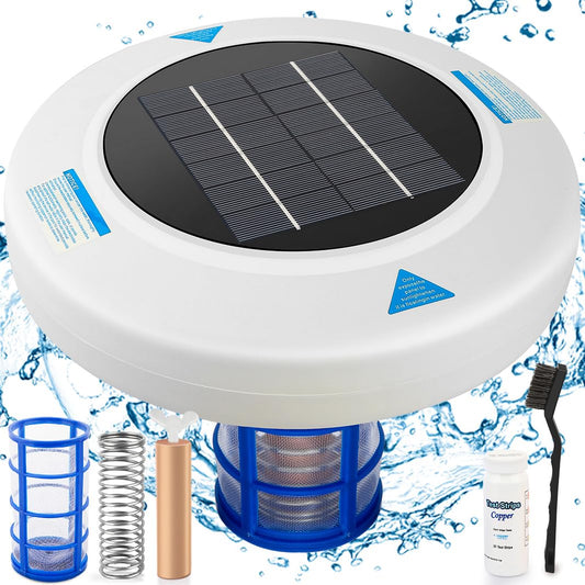 Solar-Powered Pool Ionizer, Automatic Floating Pool Cleaner Water Purifier with Thicker Copper Anode for Swimming Pool Up to 45,000 Gal, 85% Less Chlorine, Crystal-Clear Water Guaranteed!