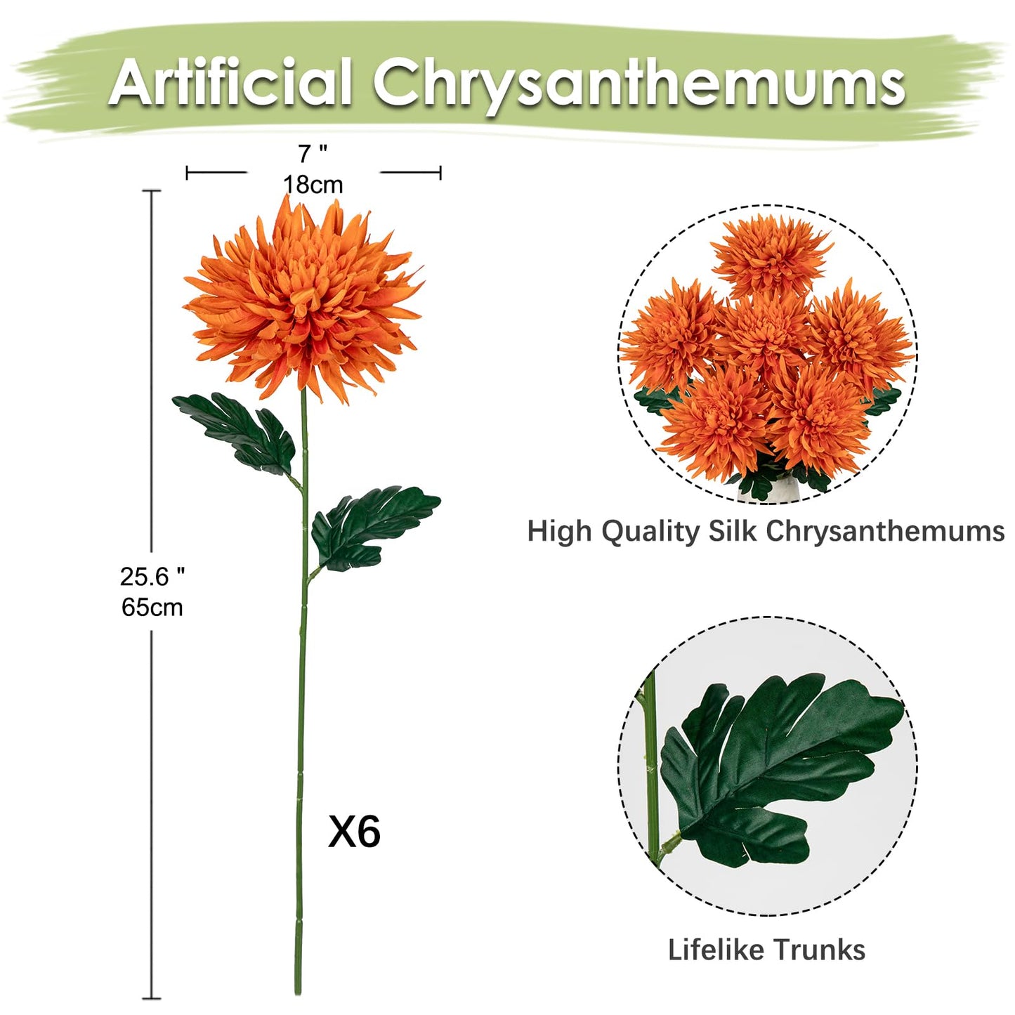 Hollyone 6Pcs Orange Artificial Mums Flowers Fall Chrysanthemum Flowers 25.6" Long Stem Faux Spider Mum Flowers Large Autumn Floral Arrangements Bouquets Fake Pincushion Silk Flower for Home Decor