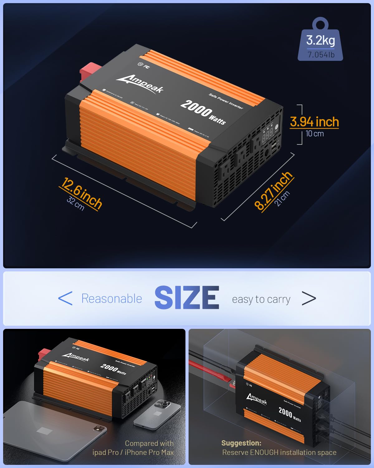 Ampeak Power Inverter 2000W UL458 Modified Sine Inverter 12V DC to 120V AC Built-in 40A*10pcs Fuse Conversion Efficiency 89.37% 3AC Outlets Dual 5V/3.1A USB Ports for Vehicles