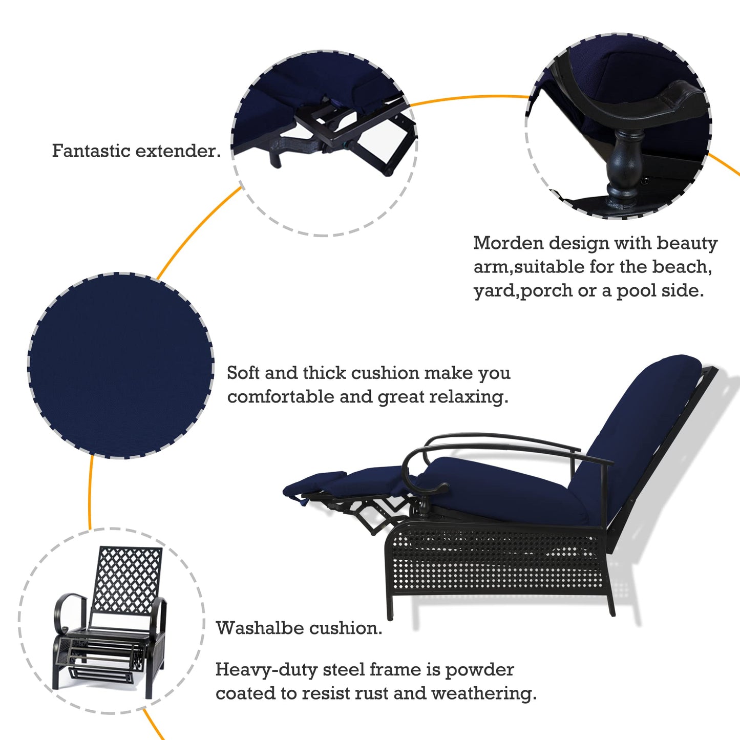 Kozyard Adjustable Outdoor Patio Reclining Lounge Chair - Comfortable Cushioned Recliner Chair with Strong Extendable Metal Frame for Sunbathing, Reading, Relaxation (Navy Blue)