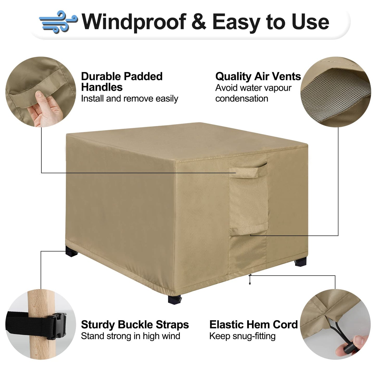 OutdoorLines Outdoor Waterproof Patio Ottoman Covers - Square UV-Proof Patio Side Table Cover Windproof Heavy-Duty Furniture Covering Protector 33L x 33W x 17H Inch, Camel