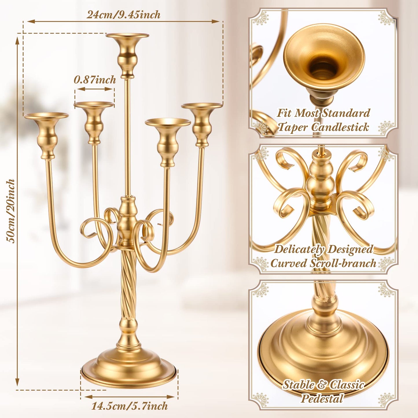 Rtteri 6 Pcs Gold Candelabra Candlestick Holder Metal Candle Stand Candelabra for Taper Candles for Table Centerpieces Wedding Christmas Holiday Birthday Party (5 Arm,9.5 x 9.5 x 19.7 Inch)