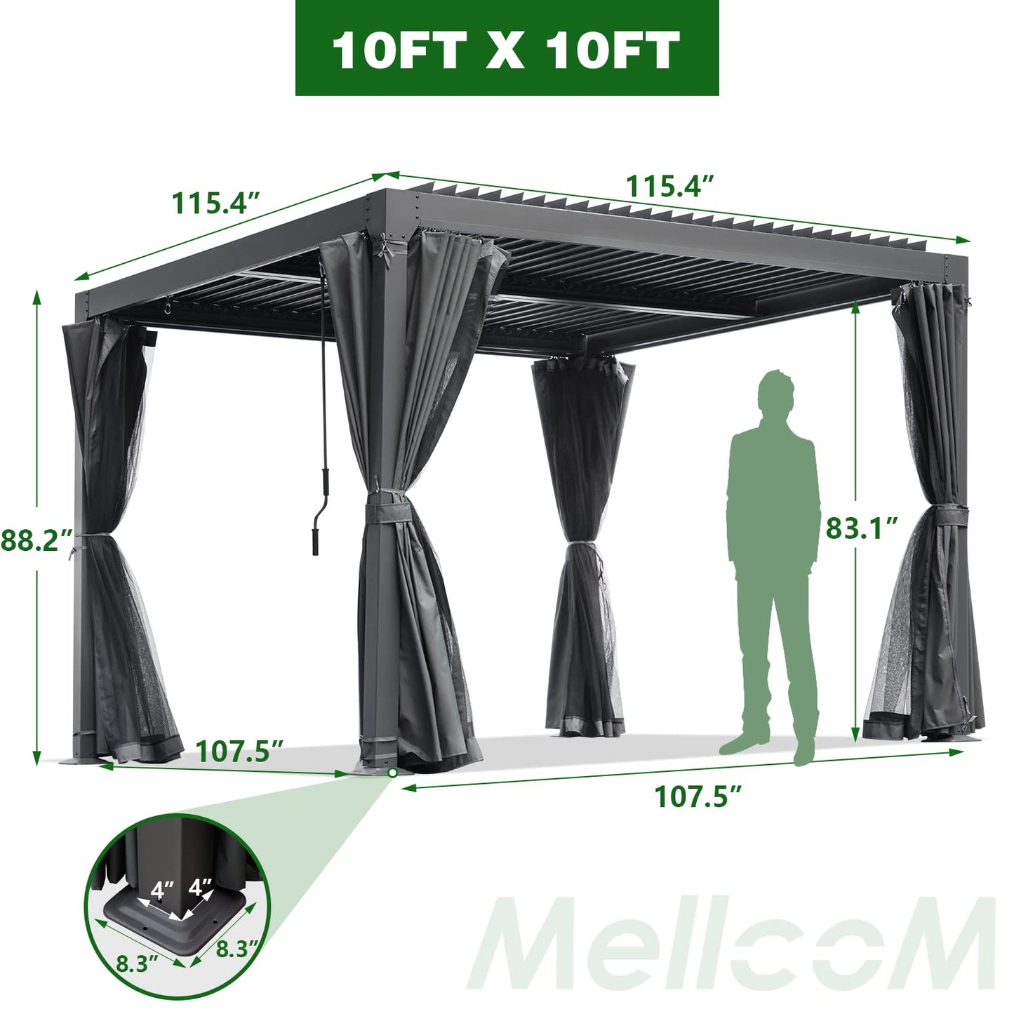 MELLCOM 10x10ft Louvered Pergola with Curtains and Nets, Aluminum Pergola with Adjustable Rainproof Roof, Outdoor Hardtop Pergola for Patio, Backyard, Deck, Dark Gray