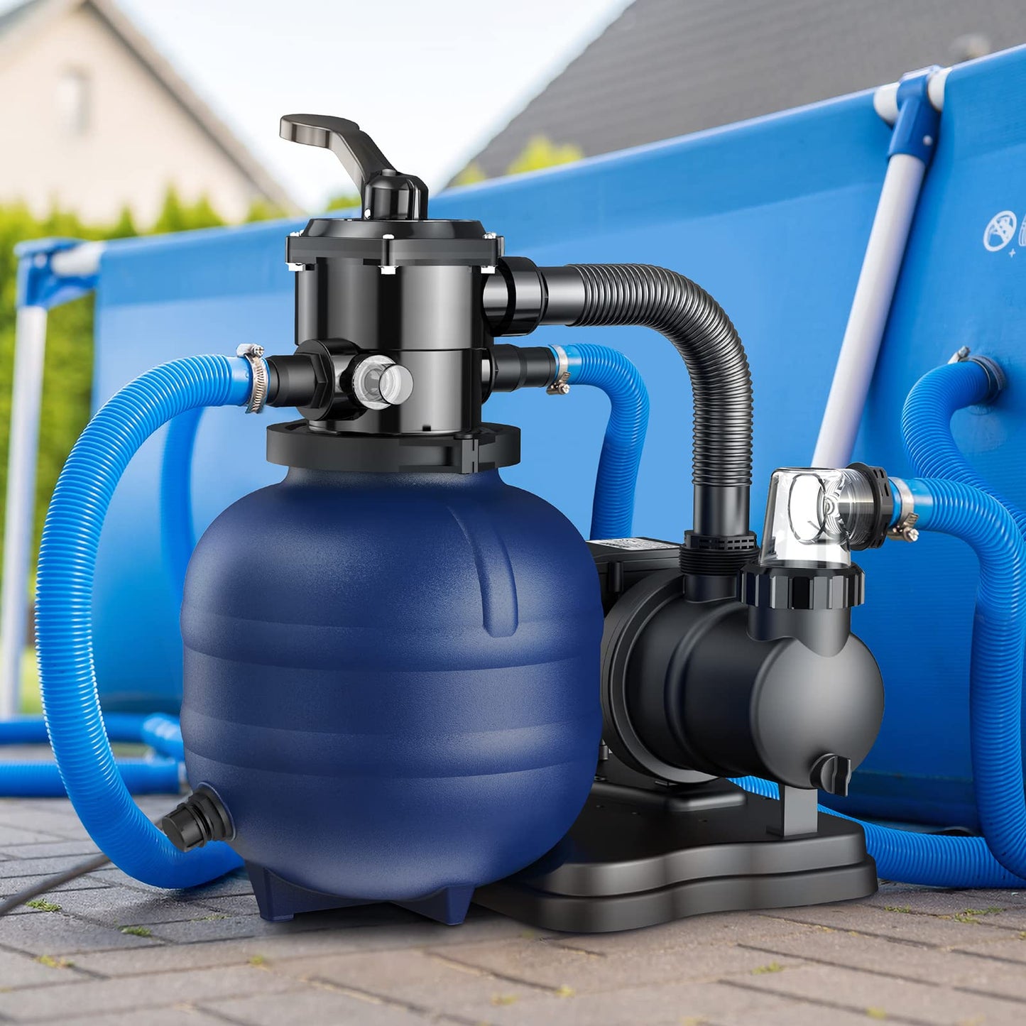 BLUBERY 14.4" Sand Filter with 1/2HP Prefilter Pump System, Handy 7-Way Valve for Above Ground Pools with Pool Pump, 115V, 23FT Cord for Easy Installation, GSF02A