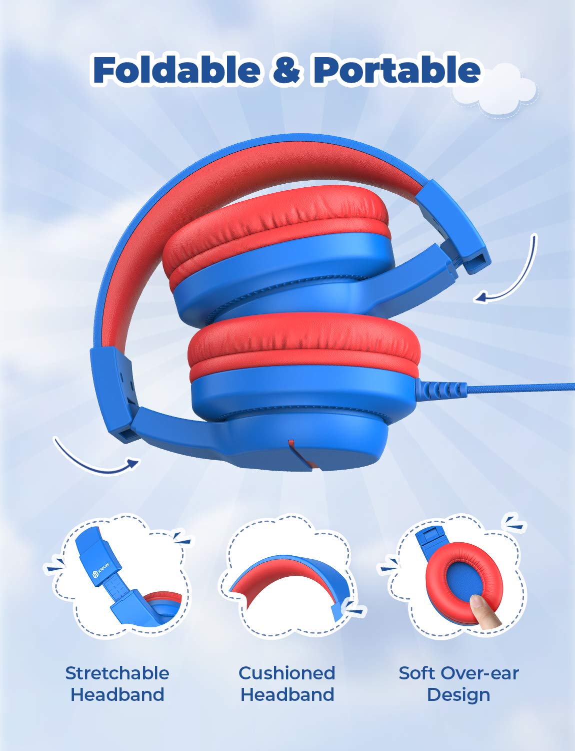 iClever Kids Headphones for School Travel, Safe Volume Limited, HD Mic Stereo Sound Over-Ear Girls Boys Headphones for Kid, FunShare Foldable 3.5mm Wired Kids Headphones for iPad Computer, HS19