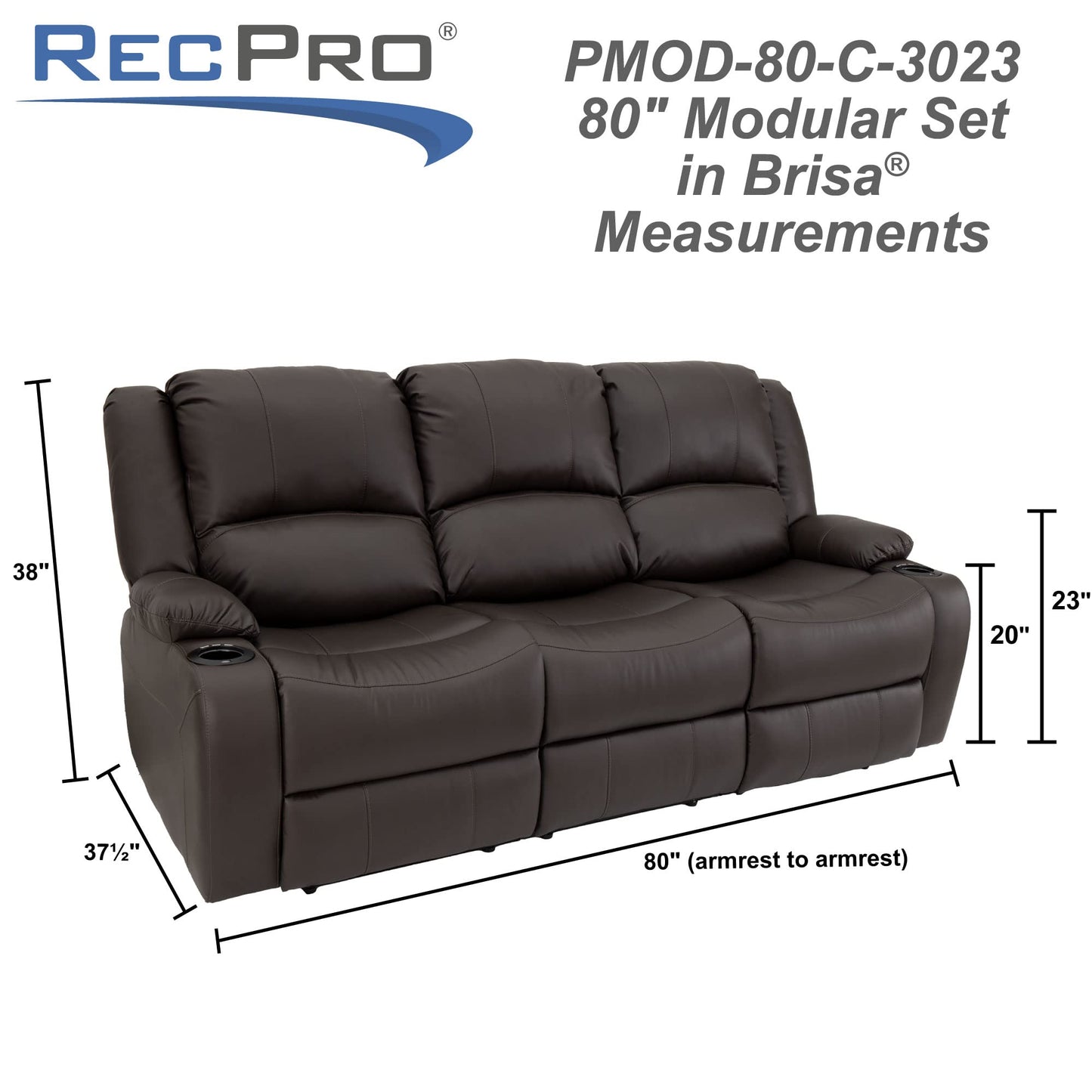 RecPro RV 80" Powered Triple Recliner Sofa & Drop-Down Console | Wall Hugger Seats | Ultrafabrics Brisa (Coffee Bean)