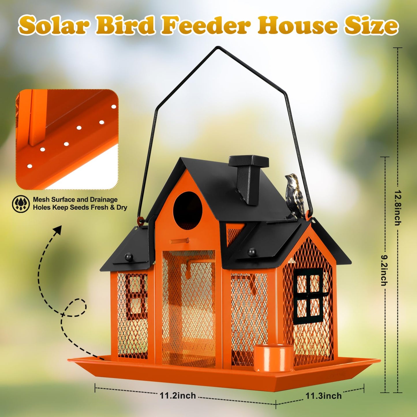 Solar Bird Feeders House for Outside Hanging, Metal Wild Bird Feeder for Outdoors Large Capacity Cardinal Birdfeeder Birdhouses Metal Bird Feeding Station Orange