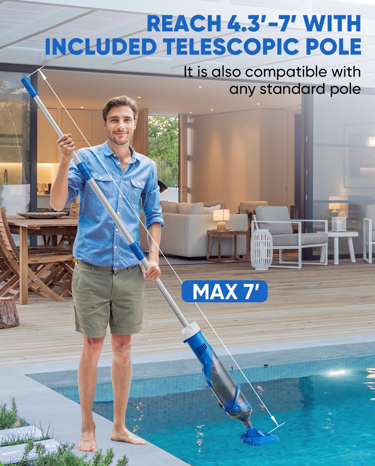 Teguy Cordless Pool Vacuum with Telescopic Pole, 18.5 GPM Powerful Suction, 1.5H Supercharge Technology, Handheld Rechargeable Pool Vacuum Cleaner for Above Ground/Inground Pools, Hot Tubs, Spas