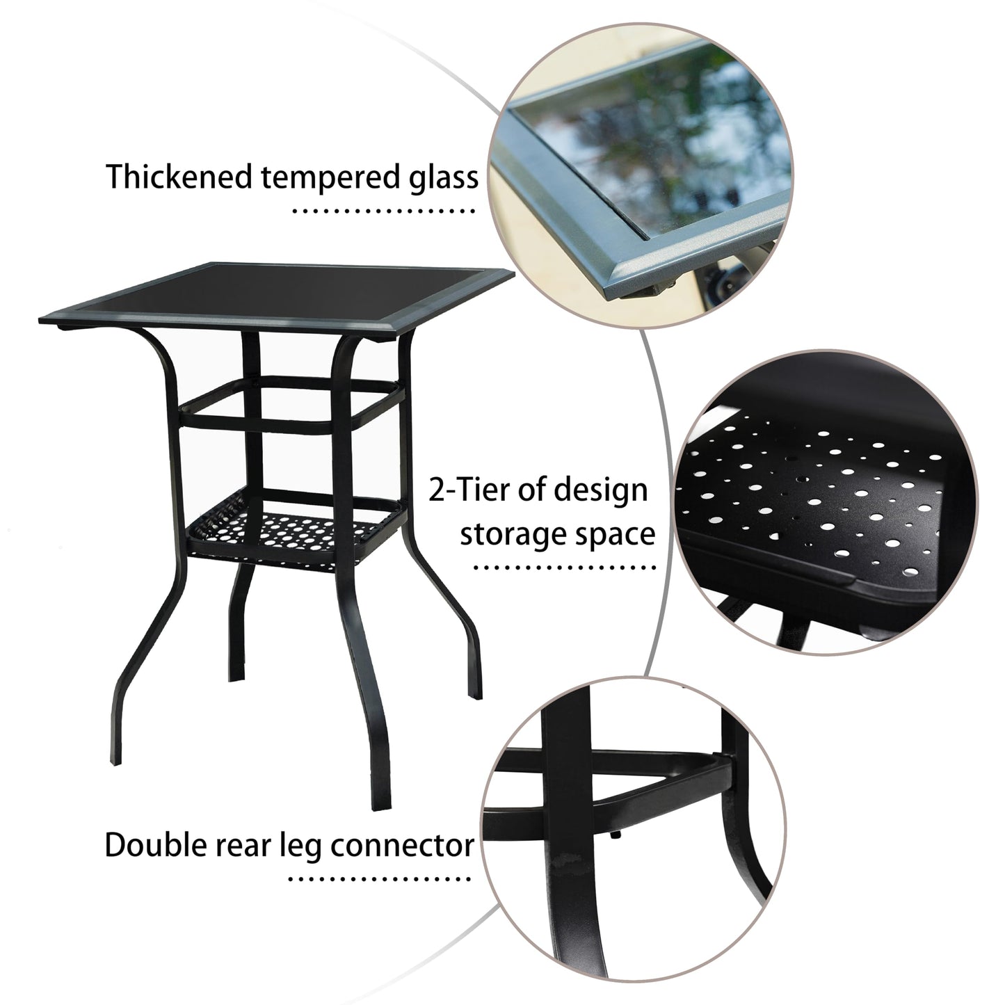 LOKATSE HOME Patio Bar Height Outdoor Table Bistro Square Outside High Top with 2-Tier Metal Frame (27.6"x 27.6"x 36.2"H), Black