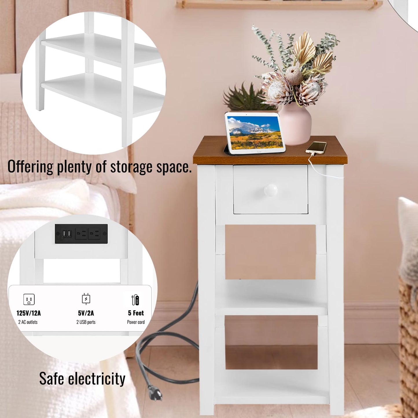 BHWXXMM Telephone Tables with Charging Station,Narrow End Tables Living Room, Side Tables with Storage，for Small Space, Living Room,Bedroom (White)
