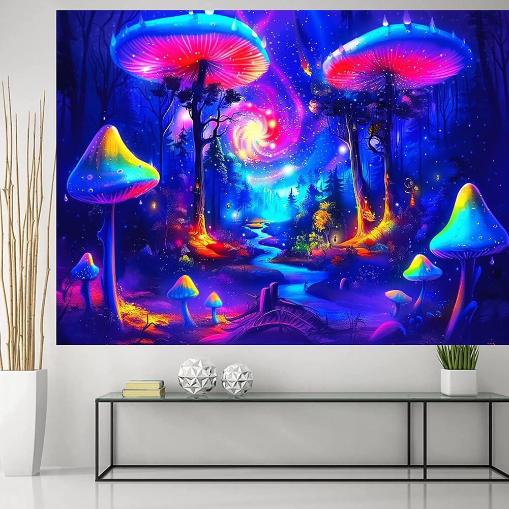 BJYHIYH Extra Large Blacklight Tapestry Wall Hanging Galaxy Mushroom Tapestries Fantasy Forest Tapestry for Bedroom Living Room Decor(90"×70")