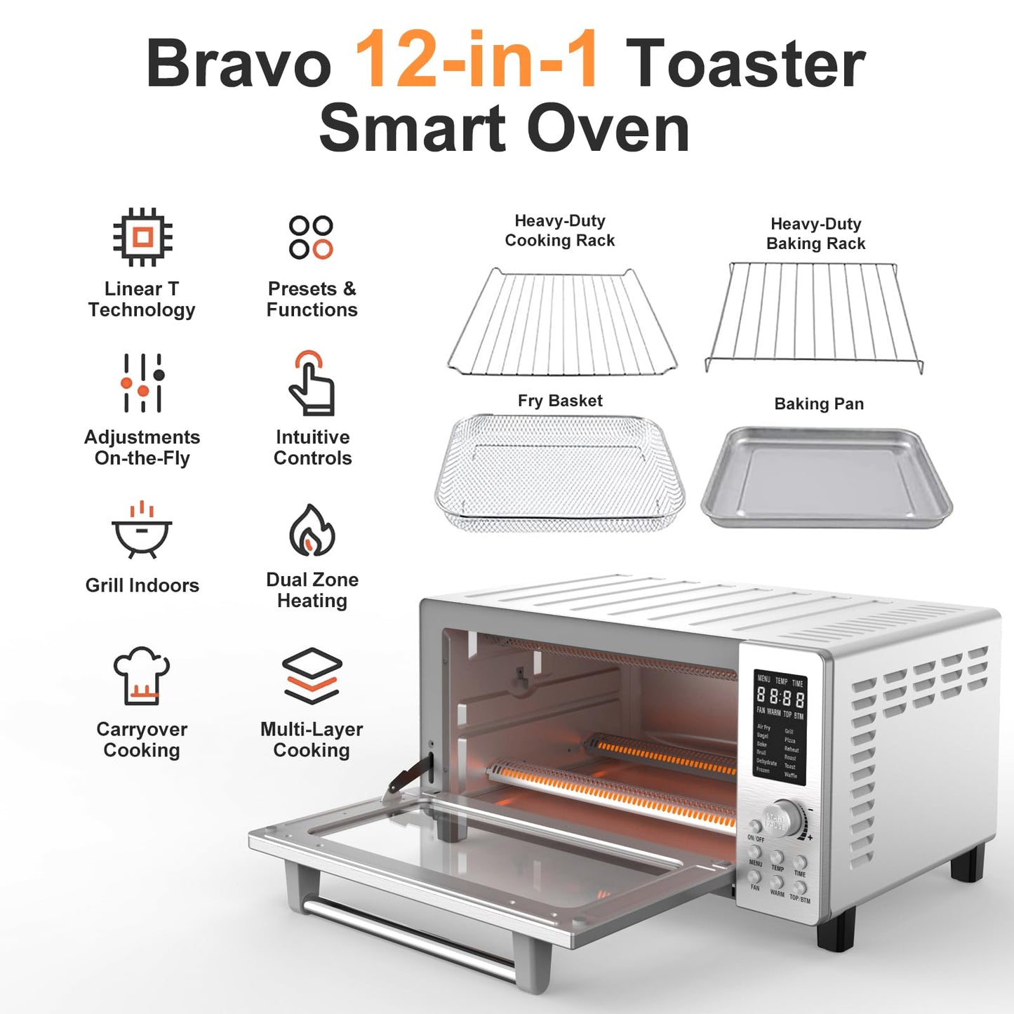 Nuwave Bravo Air Fryer Toaster Smart Oven, 12-in-1 Countertop Convection, 1800 Watts, 21-Qt Capacity, 50°-450°F Temp Controls, Top and Bottom Heater Adjustments 0%-100%, Brushed Stainless Steel Look
