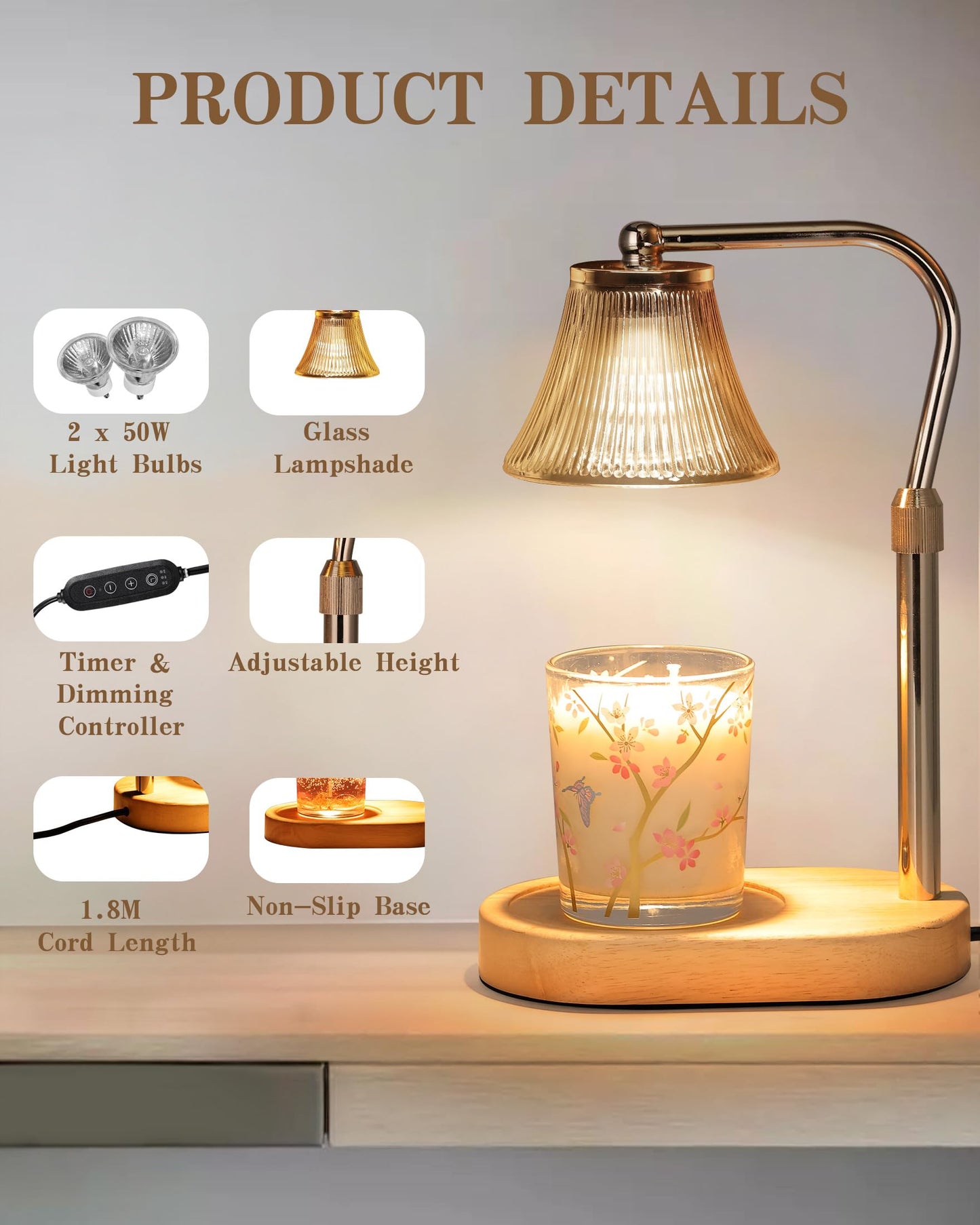 Viyelioc Candle Warmer Lamp, Candle Lamp Warmer with Timer & Dimmer, Adjustable Height Candle Warming Lamp with 2 Bulbs for Candle Jars, House Warming Gifts Home Bedroom Decor Mothers Day Gifts