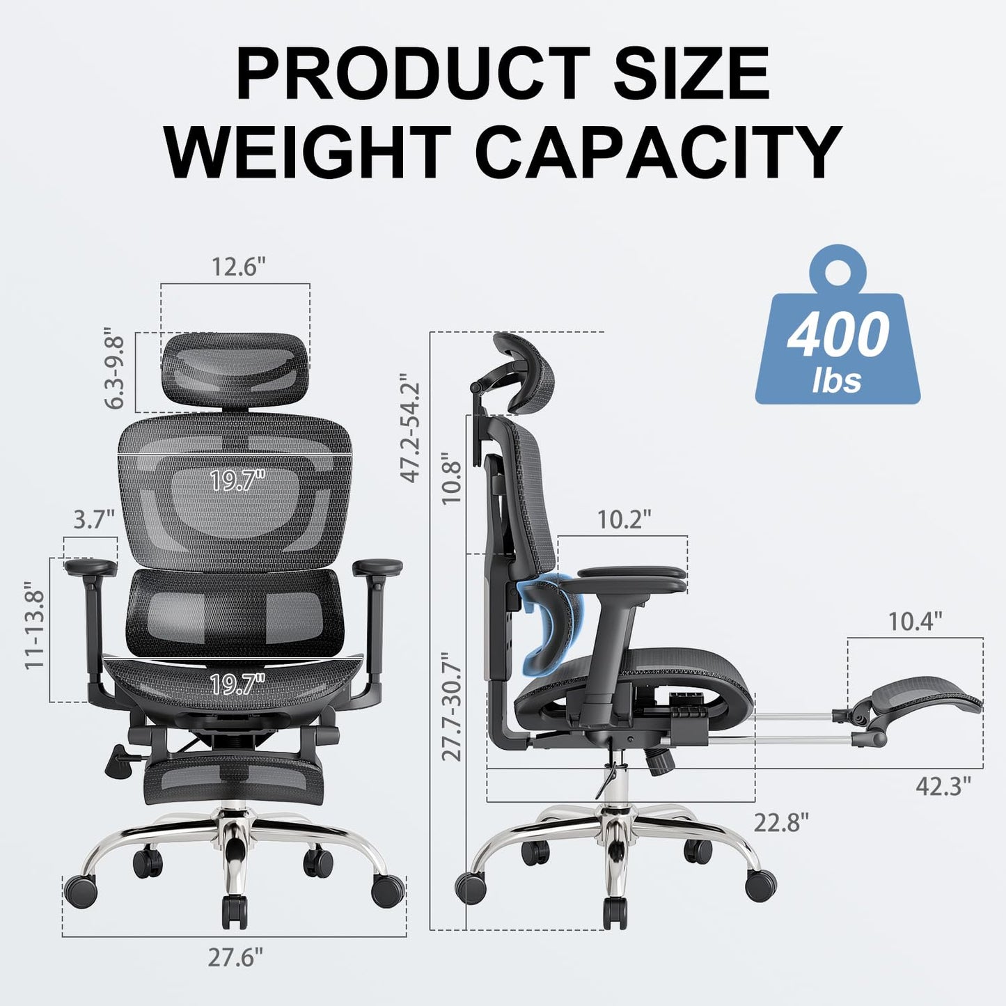 Ergonomic Office Chair, Adaptive Lumbar Support, SGS Class 4 Gas Clylinder 400 LBS Capacity，3D Headrest & Armrest and Retractable Footrest, Mesh Breathable Desk Chair