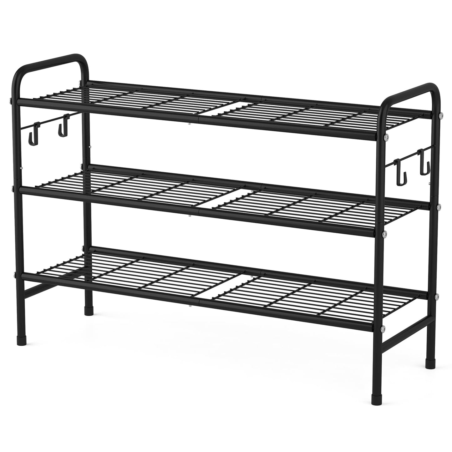 VILICK 3 Tier Shoe Rack 33" Wide Metal Shoe Organizer Long Shoe Storage with 4 Side Hooks Sturdy Shoes Shelf for Front Door Entrance, Closet, Garage, Dorm, Black