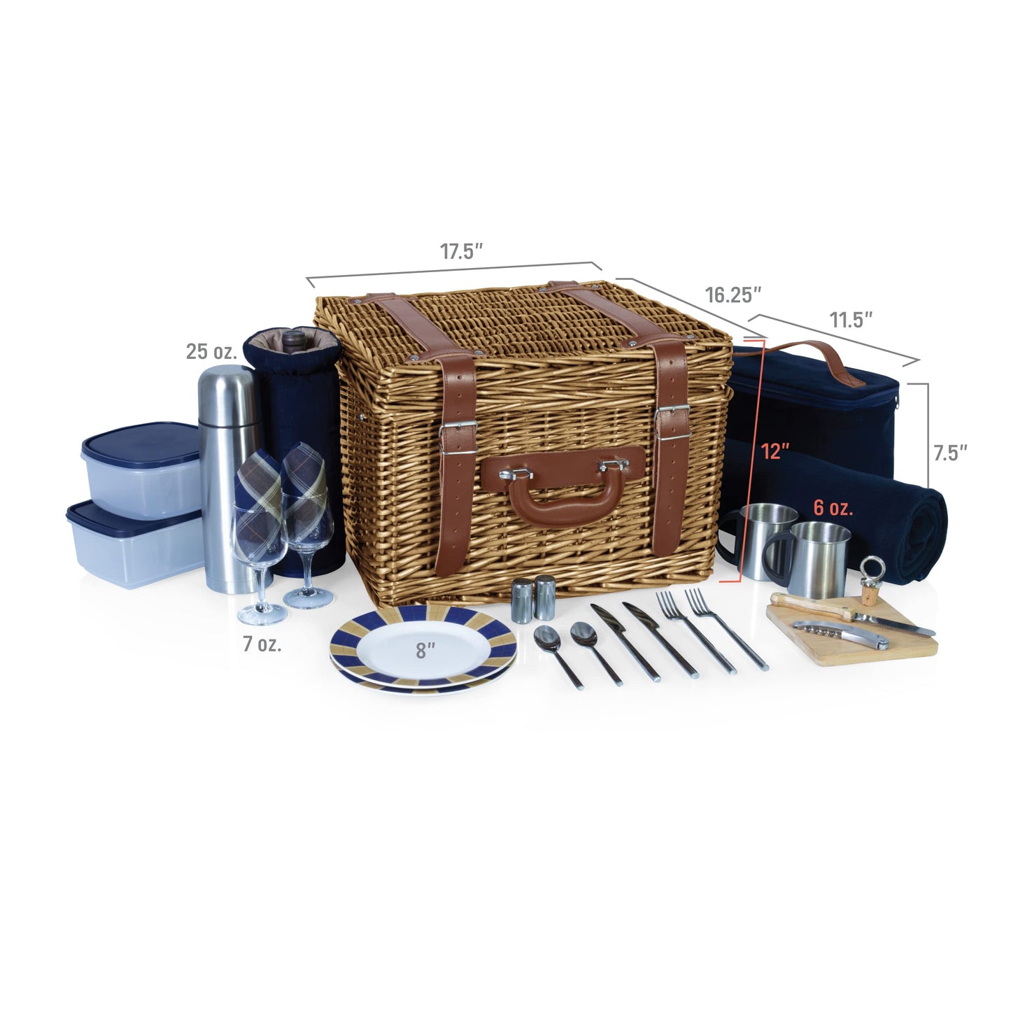 PICNIC TIME Romantic Canterbury Deluxe Wicker Picnic Basket Set for 2, with Blanket and Soft Cooler, One Size, Navy with Plaid