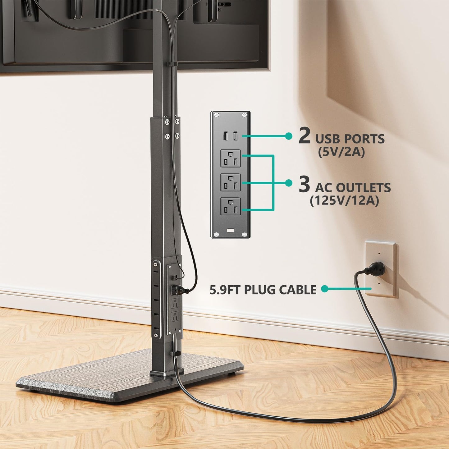 WALI Floor TV Stand with Power Outlet, Tall TV Stand Floor Mount for 32-75 inch TV up to 110 lbs, Swivel and Height Adjustable TV Stand with Wood Base for Bedroom, Living Room,Office(TVDVD-7P)