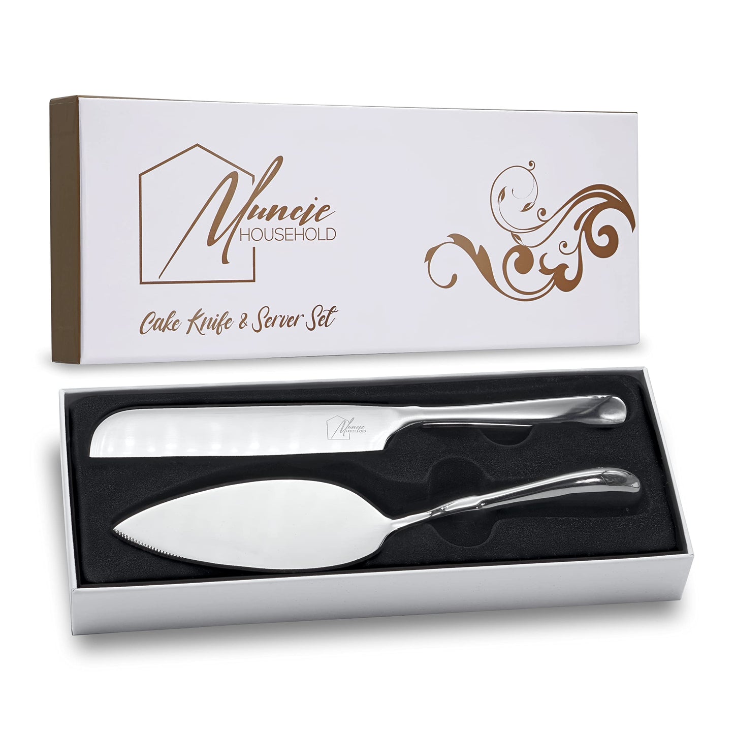 Muncie Household Cake Knife And Cake Server Set - Stylish, Classic, Sturdy - Fit For All Occasions - Wedding, Birthday, Everyday Use - Stainless Steel With Ergonomic Handle