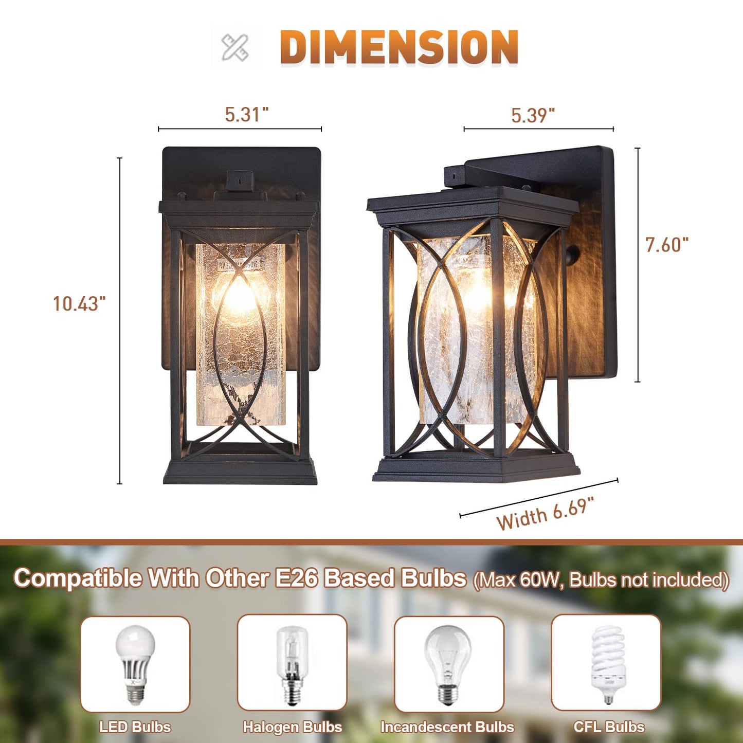 Dusk to Dawn Outdoor Wall Lanterns Small Modern Exterior Light Fixture Aluminum with Crack-Like Glass, UL and IP65 Waterproof Wall Sconce Outdoor Wall Light for Porch, Garage, Front Door, Black