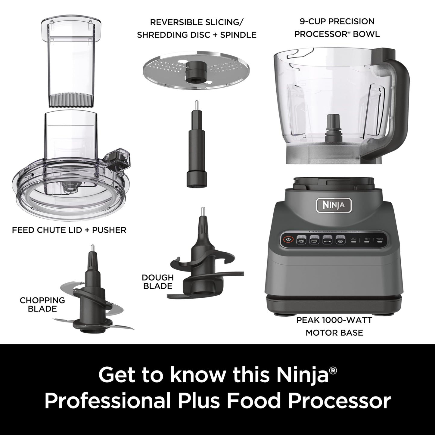 Ninja Food Processor, Professional Plus, 1000 Peak Watts, 4 Functions for Chopping, Slicing, Purees & Dough with 9-Cup Processor Bowl, 3 Blades, Food Chute & Pusher, Silver, BN601