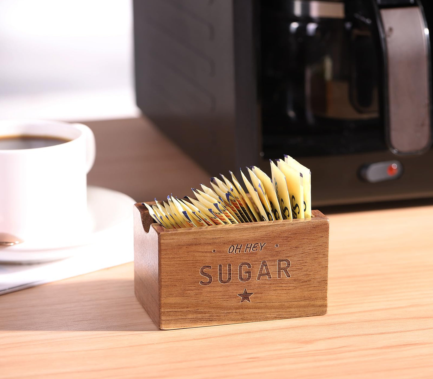 Sugar Packet Holder For Coffee Bar, Acacia Wood Sugar Packets Caddy, Farmhouse Sugar Cube Holder, Small Sugar Container Tea Bag Organizer for Table, Office,Hotel, Restaurant