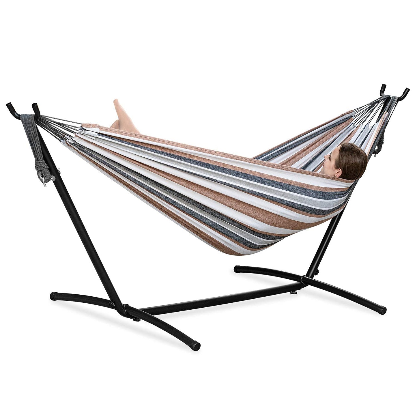 PNAEUT Double Hammock with Space Saving Steel Stand Included 2 Person Heavy Duty Outside Garden Yard Outdoor 450lb Capacity 2 People Standing Hammocks and Portable Carrying Bag (Coffee)