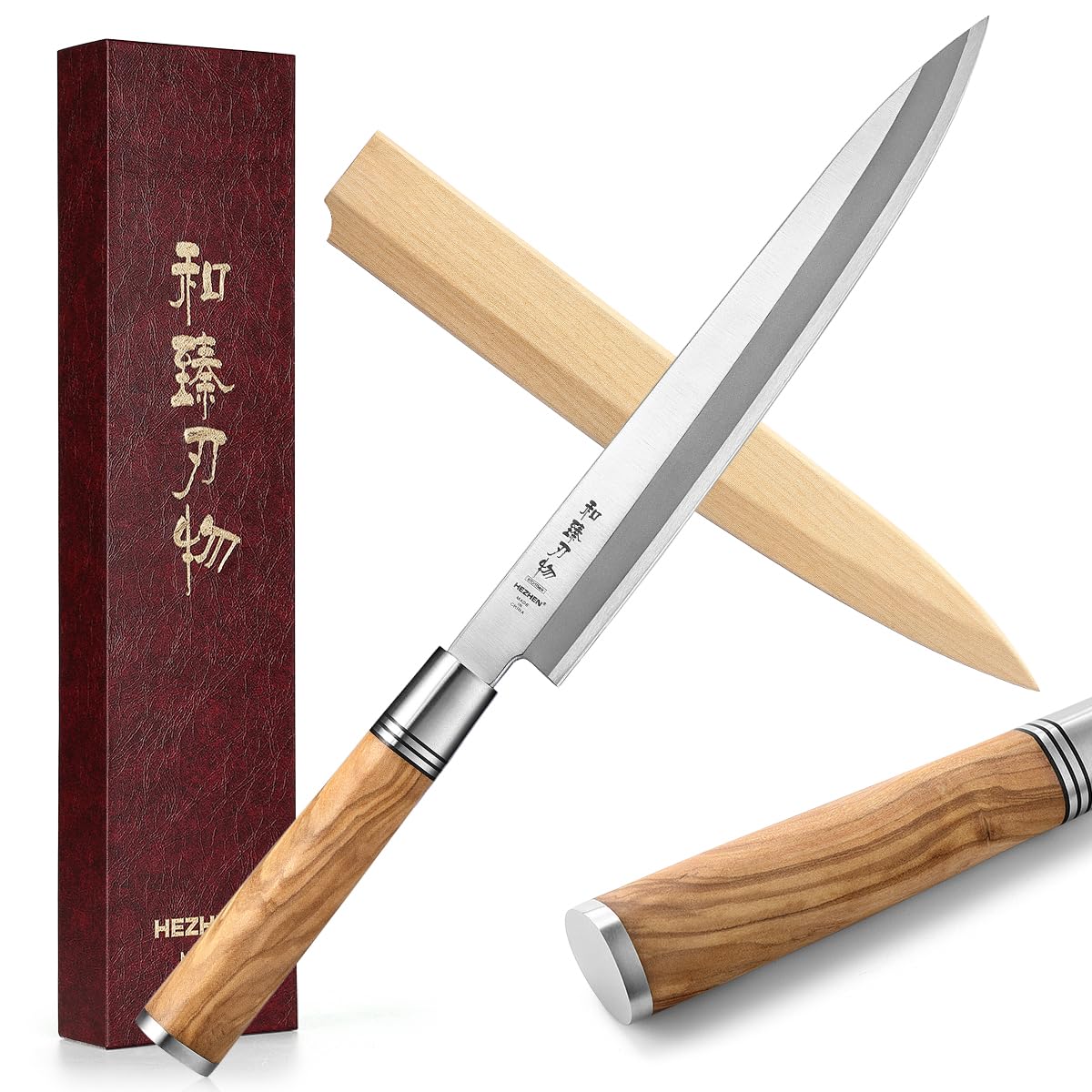 HEZHEN 240mm Sashimi Knife,Sushi Yanagiba Knife,Olive Wood Handle With Wooden Knife Case