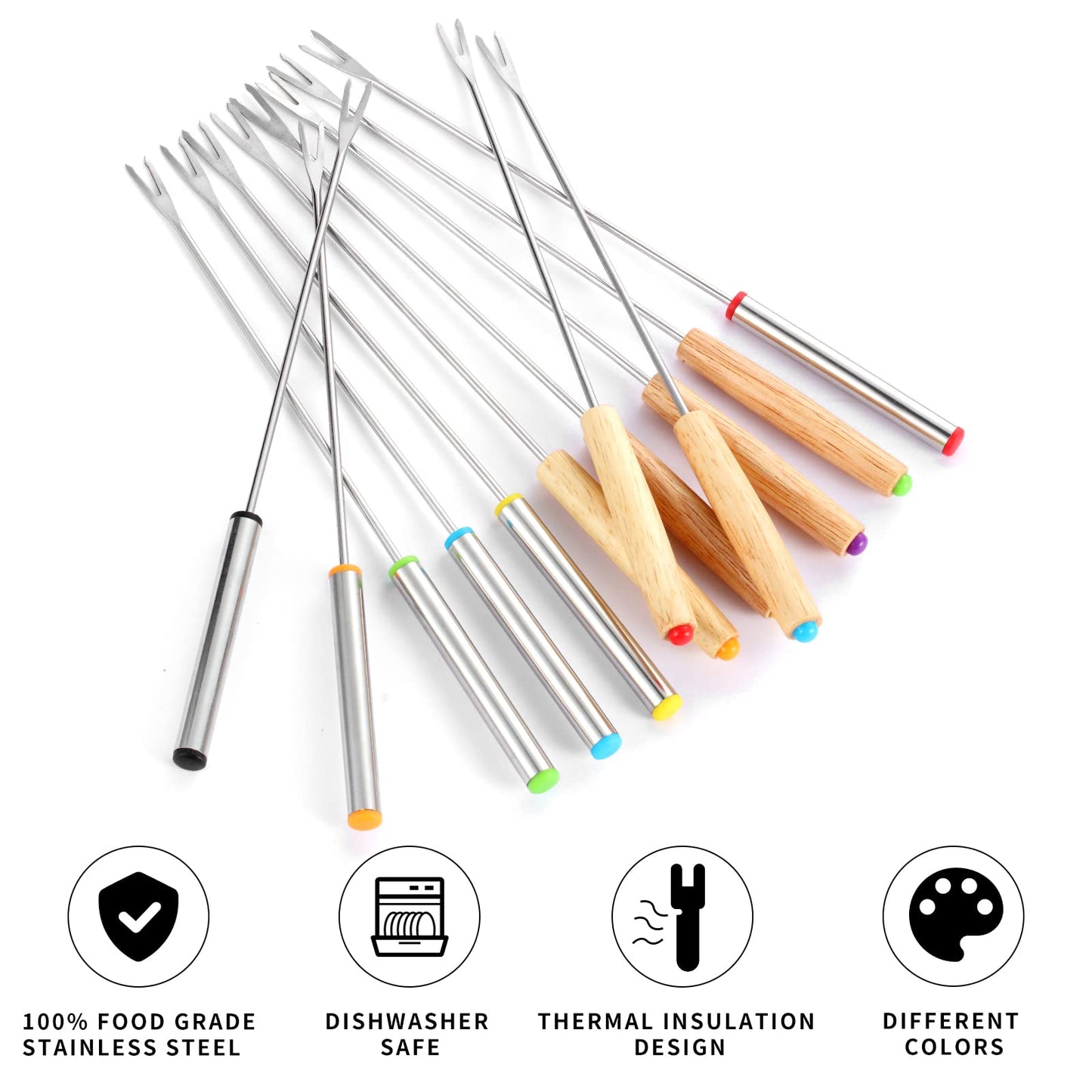 24 Pack 9.6 Inch Stainless Steel Fondue Forks, 12 Wood Handles and 12 Stainless Steel Handles, Heat Resistant Smores Sticks for Roast Meat Chocolate Dessert Cheese Marshmallows (6 Colors)