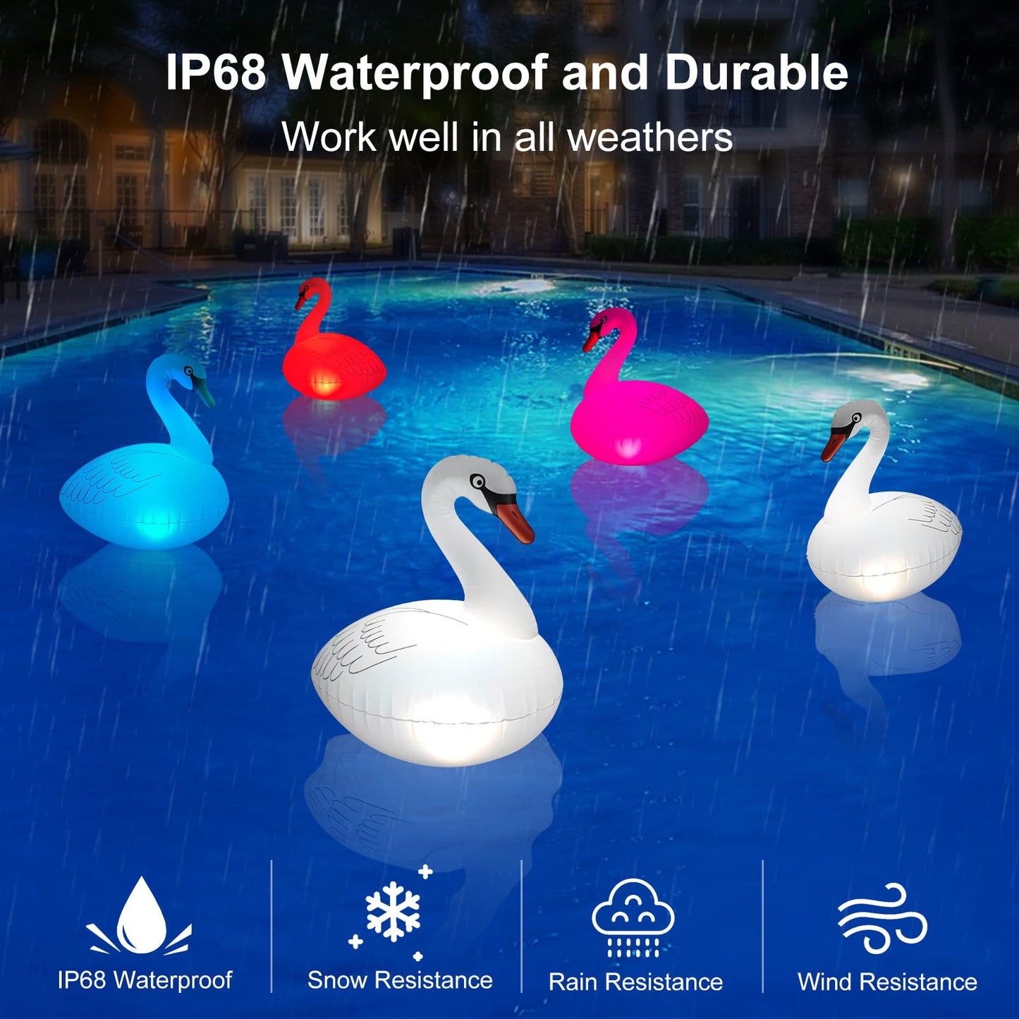 Goallim Floating Pool Lights Solar Rechargeable 2PCS, Waterproof Inflatable Swan Pool Lights, Glow in The Dark Color Changing LED for Backyard Spa Patio Wedding Party Decor