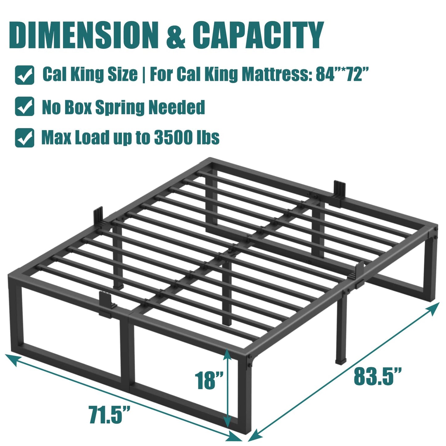 Yitong Angel California King Bed Frame, 18 Inch High 3500 lbs Metal Platform, Mattress Foundation with Steel Slat Support/No Box Spring Needed/Noise Free/Non-Slip/Easy Assembly