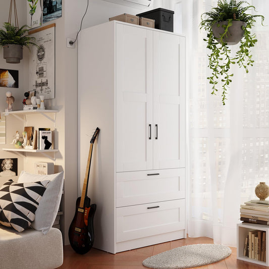 Fenghua Lizhi Wood White Wardrobe Closet with 2 Doors and Drawers，Bedroom Freestanding Armoire Storage Cabinet with Shelves，Wooden Wardrobe Combination for Hanging Clothes(31.5”W X 18.9”D X 68.9”H)