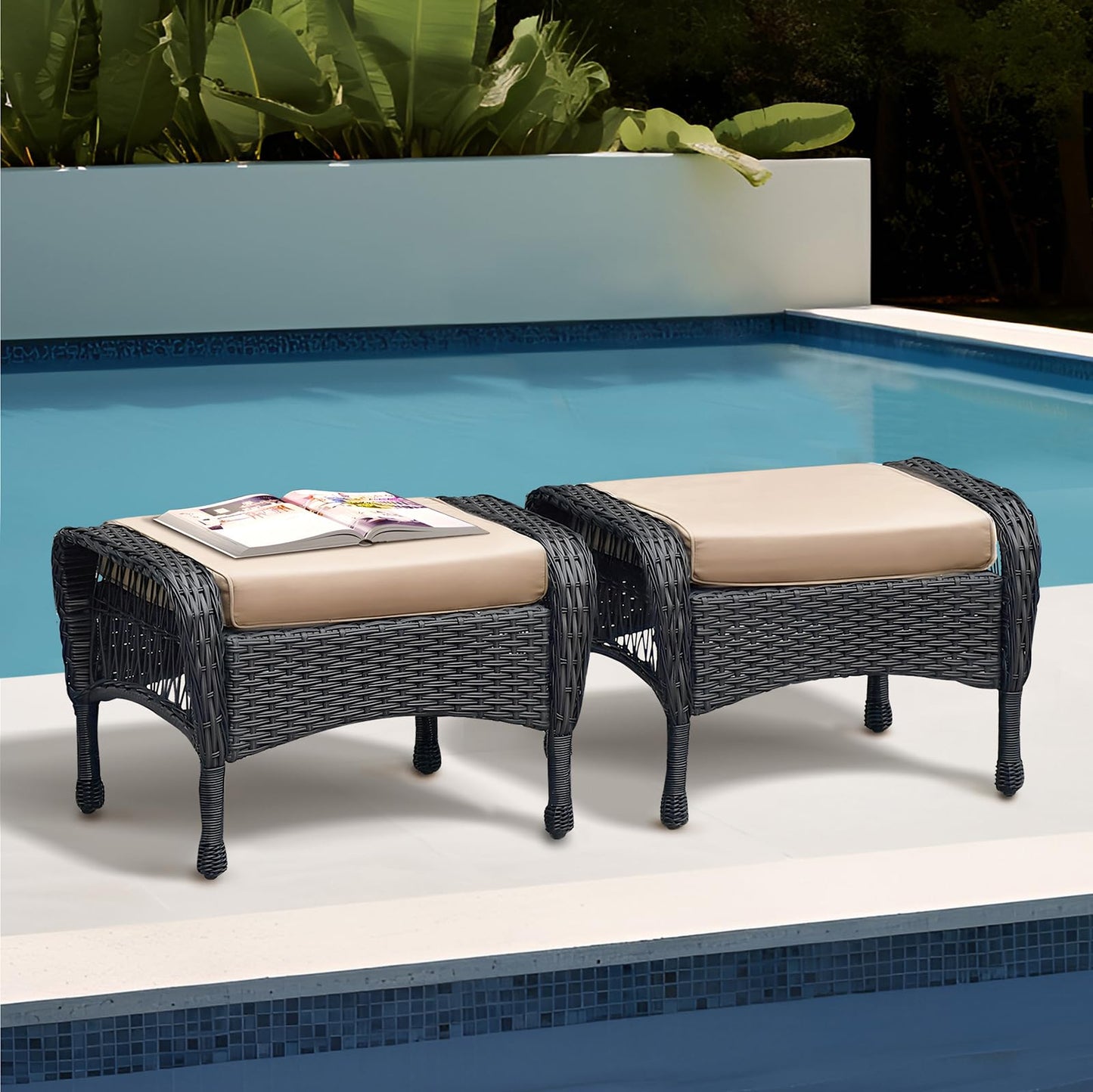 Set of 2 Wicker Ottomans, Outdoor Wicker Footstool with Soft Zippered Cushions, 3-in-1 Function Footrest Seat & Side Table for Patio, Backyard, Balcony, Poolside (Khaki)