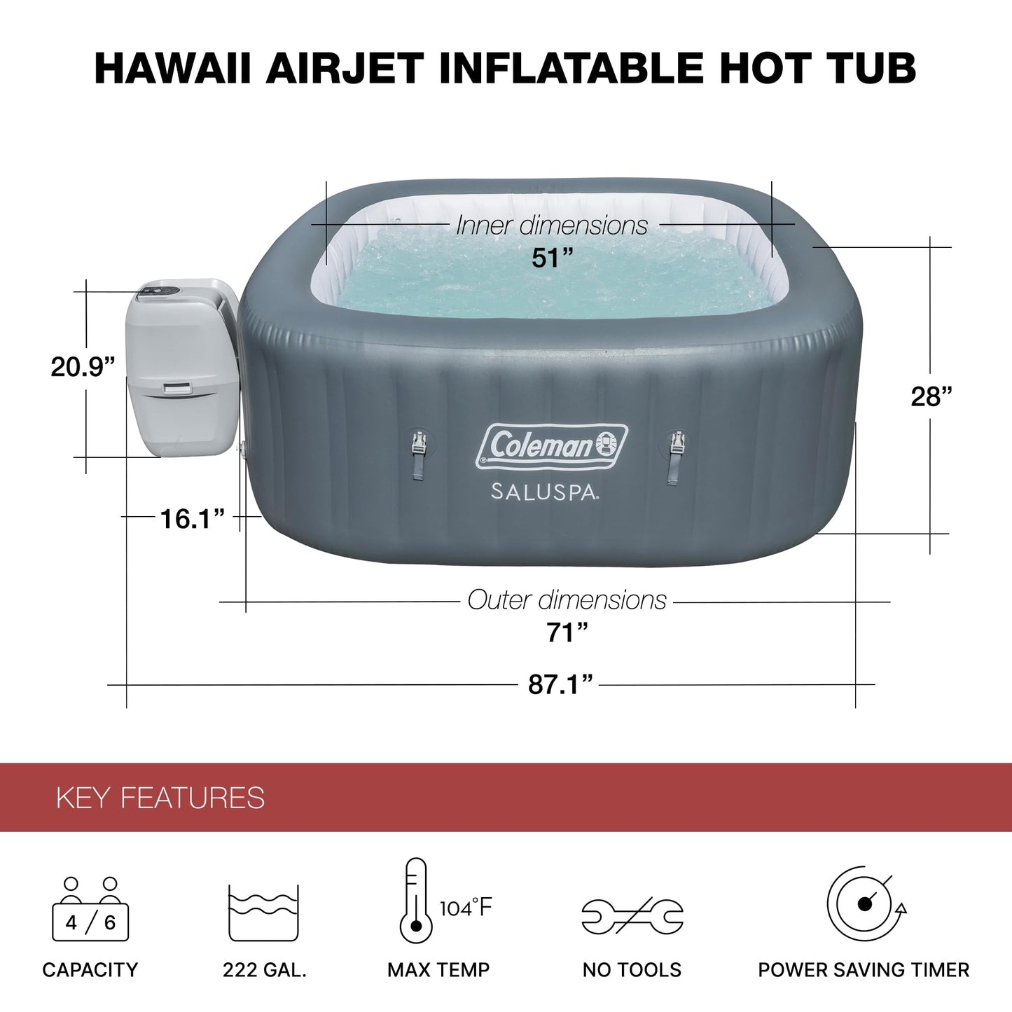 Coleman SaluSpa AirJet 4 to 6 Person Inflatable Hot Tub Square Portable Outdoor Spa with 114 Soothing AirJets and Insulated Cover, Gray