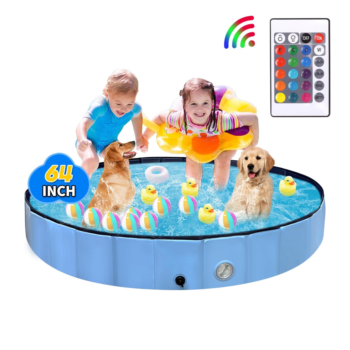 Thecvia Foldable Dog Pool with RGB Lights, Kiddie Pool for Toddlers 1-3, 64" Blue Pet Bathing Tub, Swimming Pool for Kids, Collapsible Kids Pool for Backyard, 1 2 3 4 5 6 7 8 12+ Years Old Toddler Toy