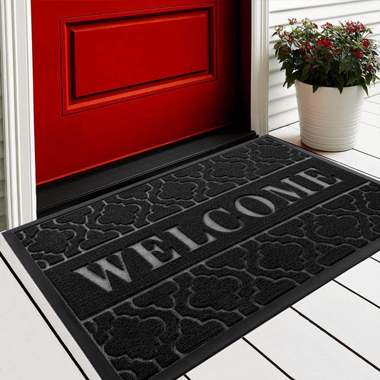 Yimobra Welcome Mat Outdoor Indoor, 29.5x17 All-Season Waterproof Front Door Mat, All-Weather Heavy Duty Doormat, Low Profile Porch Patio Entrance Mat, Non Slip Outside Mat, Black