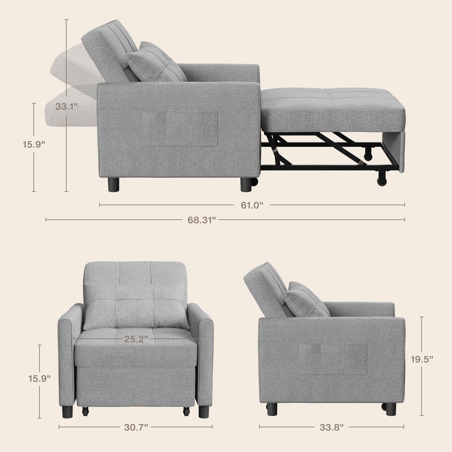 Noelse Sleeper Sofa Chair Bed, Convertible Sofa Chair 3-in-1, Adjustable Sleeper Chair Pullout Sofa Bed with Modern Linen Fabric for Living Room Apartment Small Space, Grey