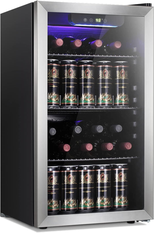 Antarctic Star 26 Bottle 130 Can Wine Cooler/Cabinet Beverage Refrigerator Mini Wine Cellar Beer Soda Clear Glass Door Bar Fridge Quiet Compressor Adjust Temp Freestanding Indoor Use 3.2cu.ft Black