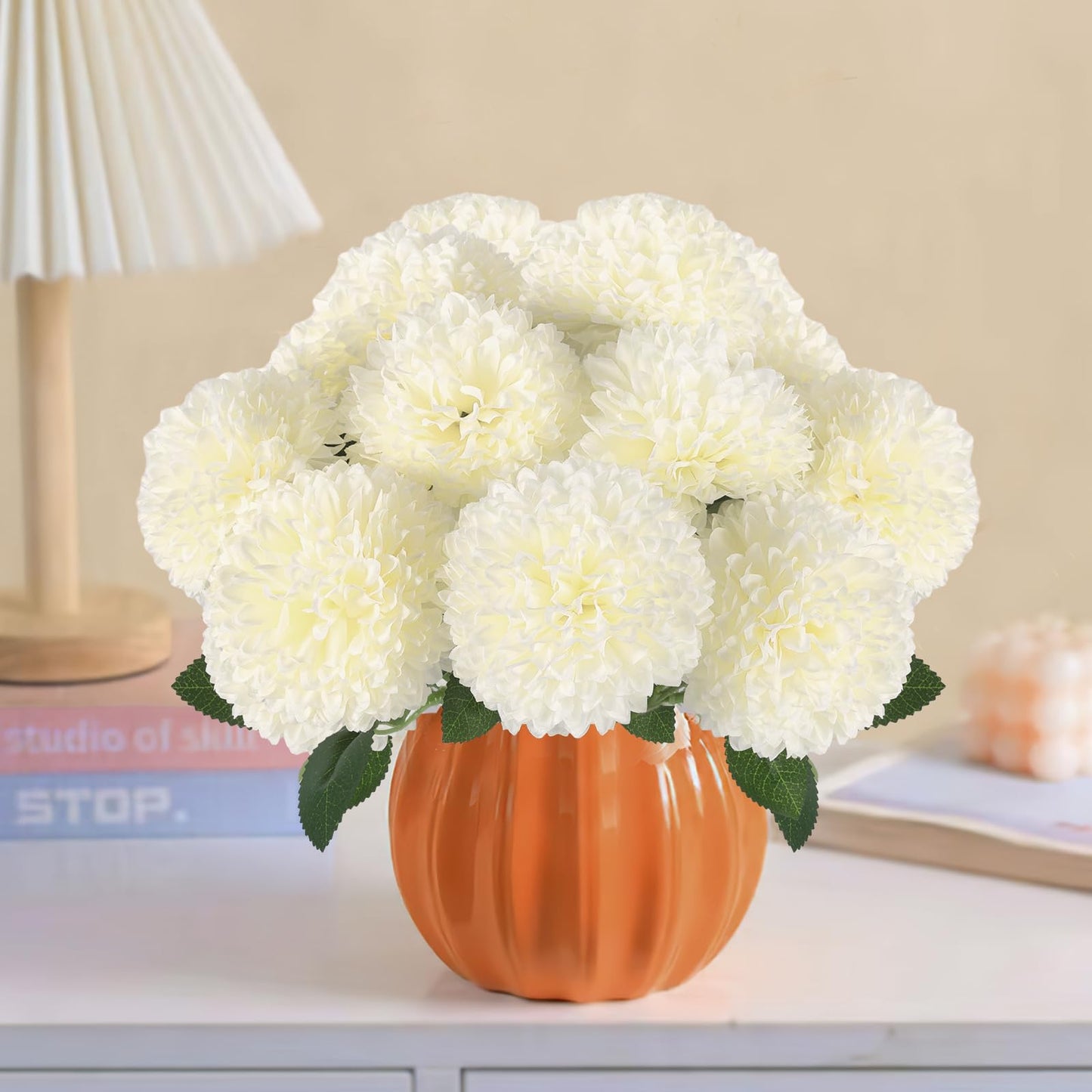 Hananona 12 Pcs Artificial Chrysanthemums Flowers Ball Flowers, Fake Mums Flowers White Silk Flowers for Spring Home Decor Indoor Floral Arrangement Table Centerpiece (12, White)